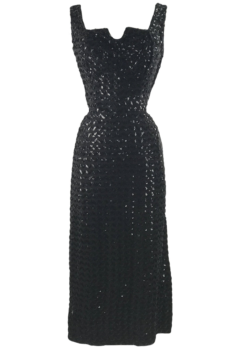 Late 1950s Early 1960s Designer Black Sequin Cocktail Dress - New!