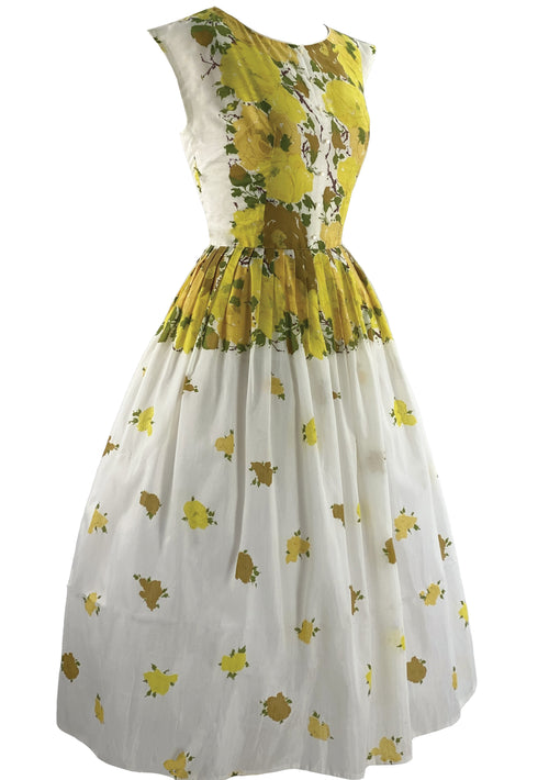 Late 1950s to Early 1960s Yellow Roses Cotton Dress - New!