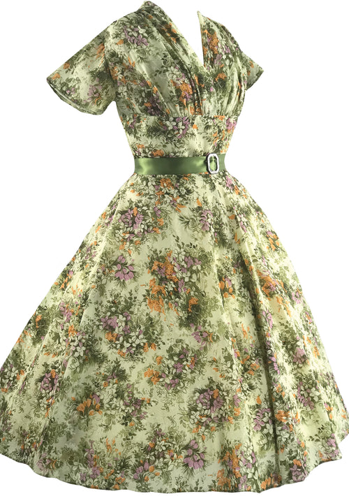 Beautiful 1950s Green Floral Plisse Dress - New!