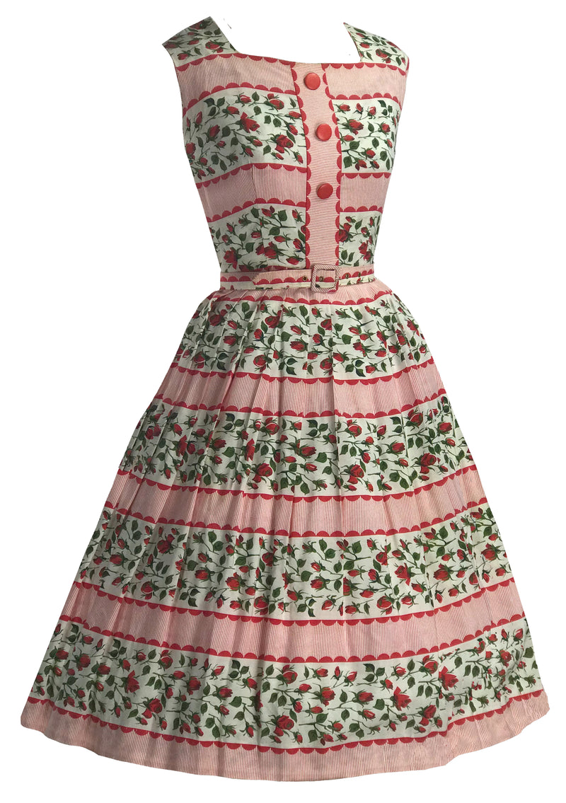 Late 1950s Early 1960s Rosebuds and Stripes Dress - New!