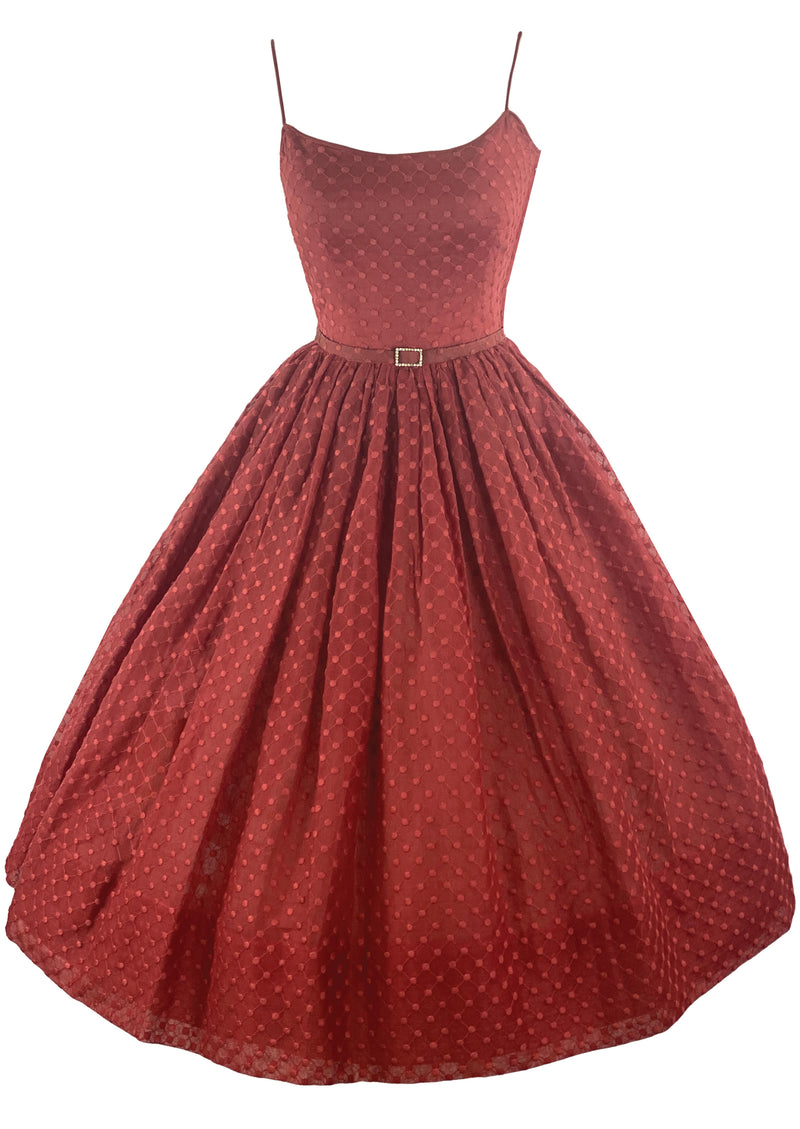 Late 1950s Garnet Coloured Dotted Swiss Fabric Dress- NEW!
