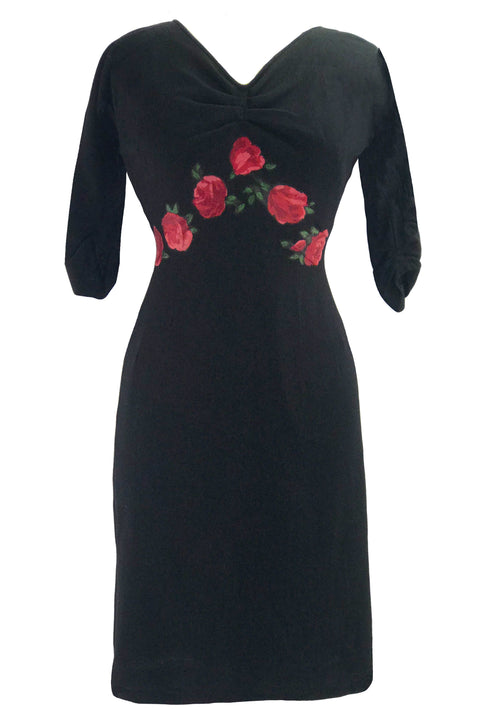 Vintage 1950s Designer Black Wool Jersey Dress with Rose Appliques- New!