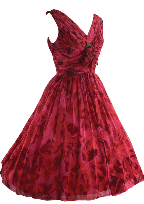 Stunning 1950s Red Rose Organza 3D Party Dress - New!