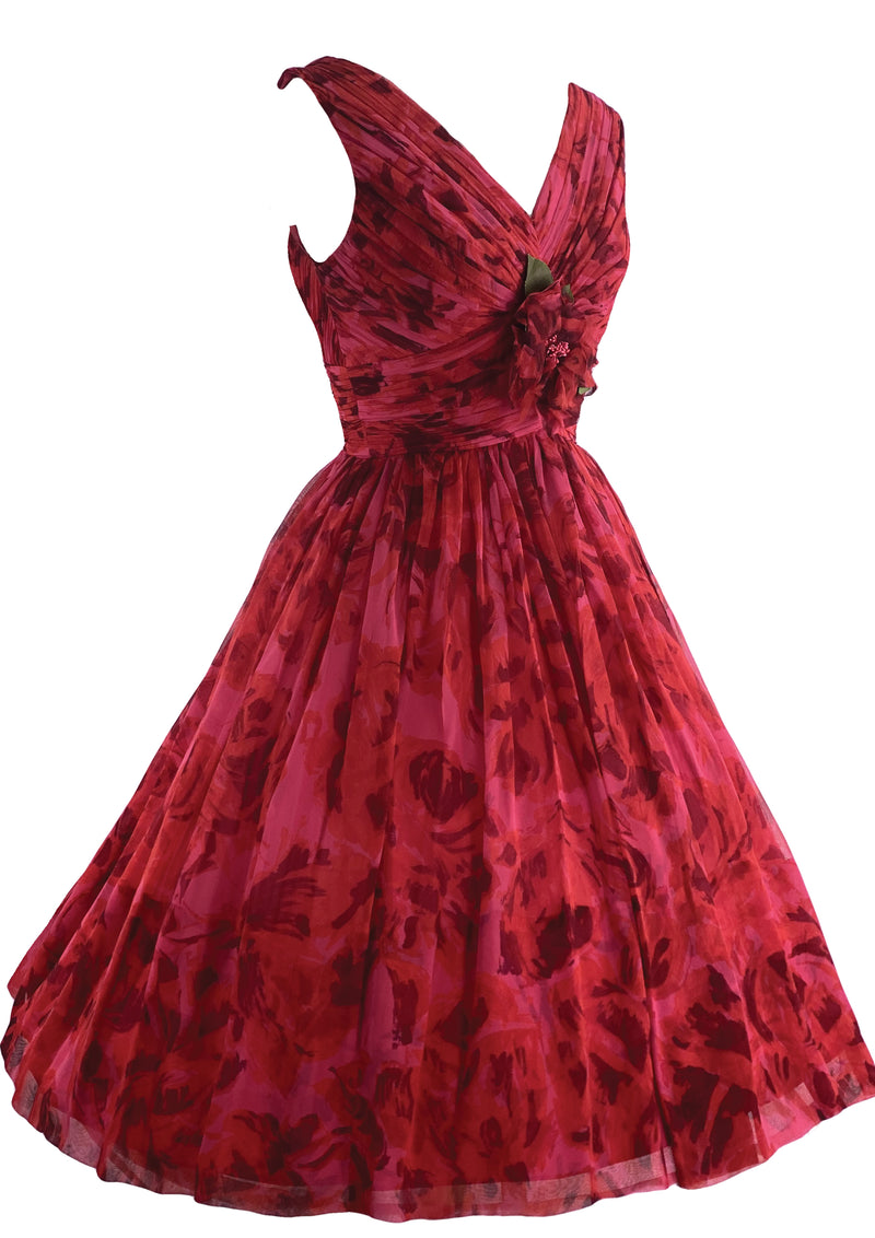 Stunning 1950s Red Rose Organza 3D Party Dress - New!