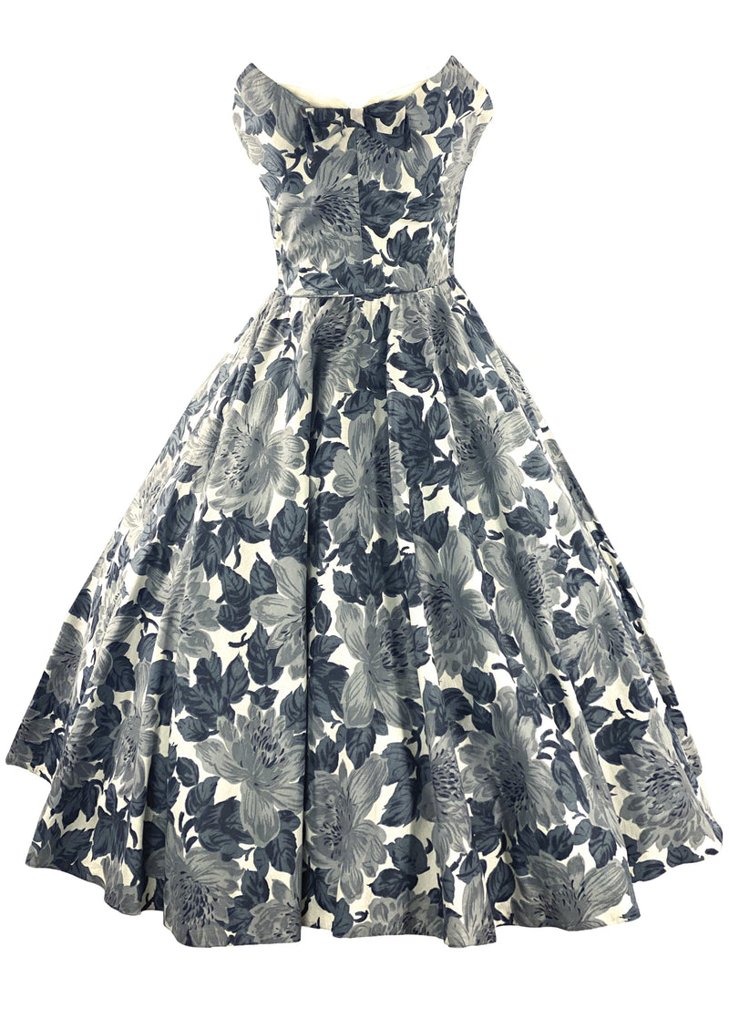 Stylish 1950s Strapless Gray Floral Cotton Cocktail Dress- New!