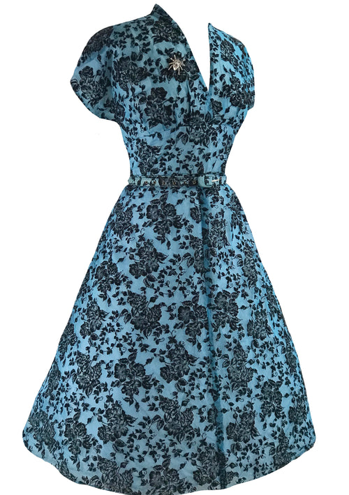 Vintage 1950s Blue Flocked Cocktail Dress- New!