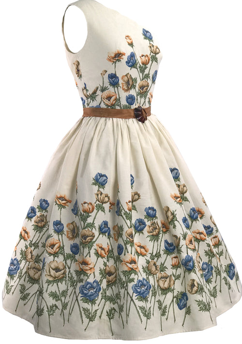 1950s Blue & Bronze Floral Border Cotton Dress  - New! (LAYAWAY)