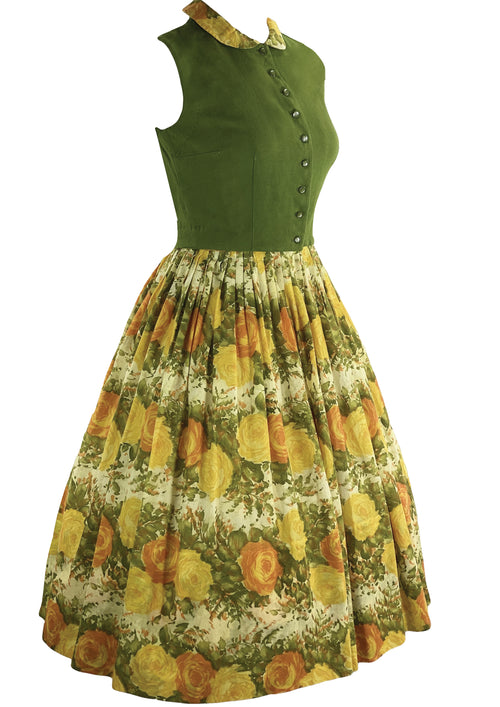 1950s L'Aiglon Yellow & Peach Roses Cotton Dress and Vest - New!