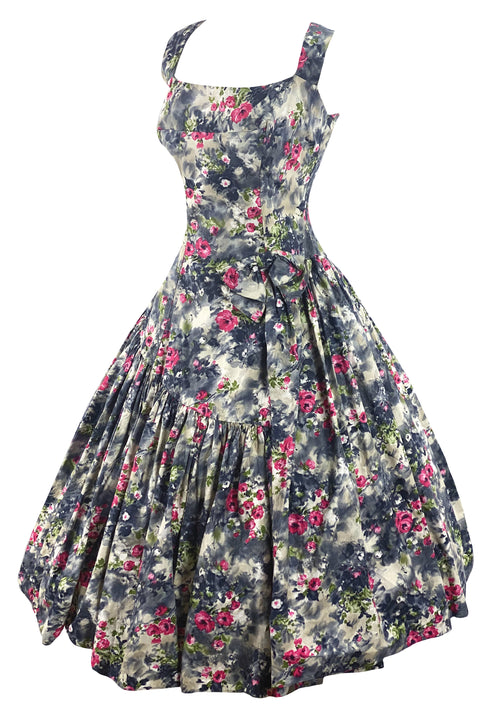Late 1950s Early 1960s Grey Floral Blossom Cotton Dress - New!