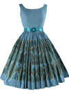 Stunning 1950s Blue Geometric Paisley Border Print Dress- New!