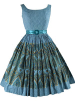 Stunning 1950s Blue Geometric Paisley Border Print Dress- New!
