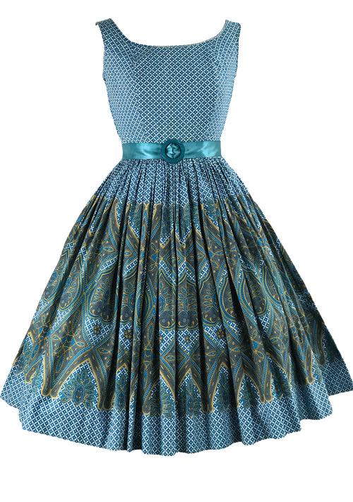 Stunning 1950s Blue Geometric Paisley Border Print Dress- New!