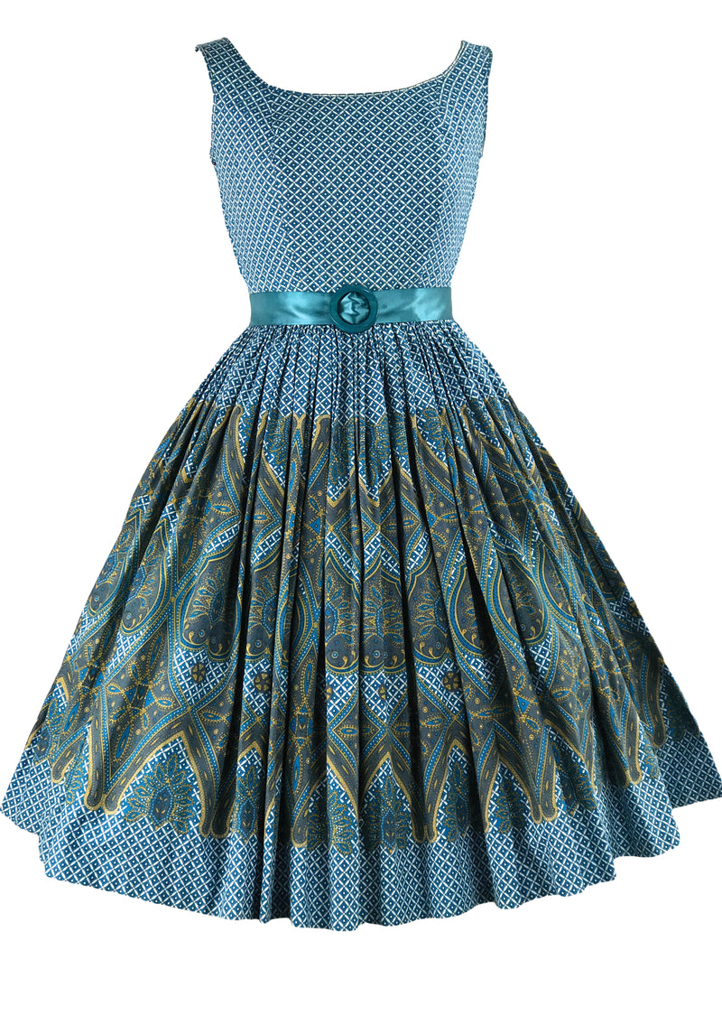 Stunning 1950s Blue Geometric Paisley Border Print Dress- New!