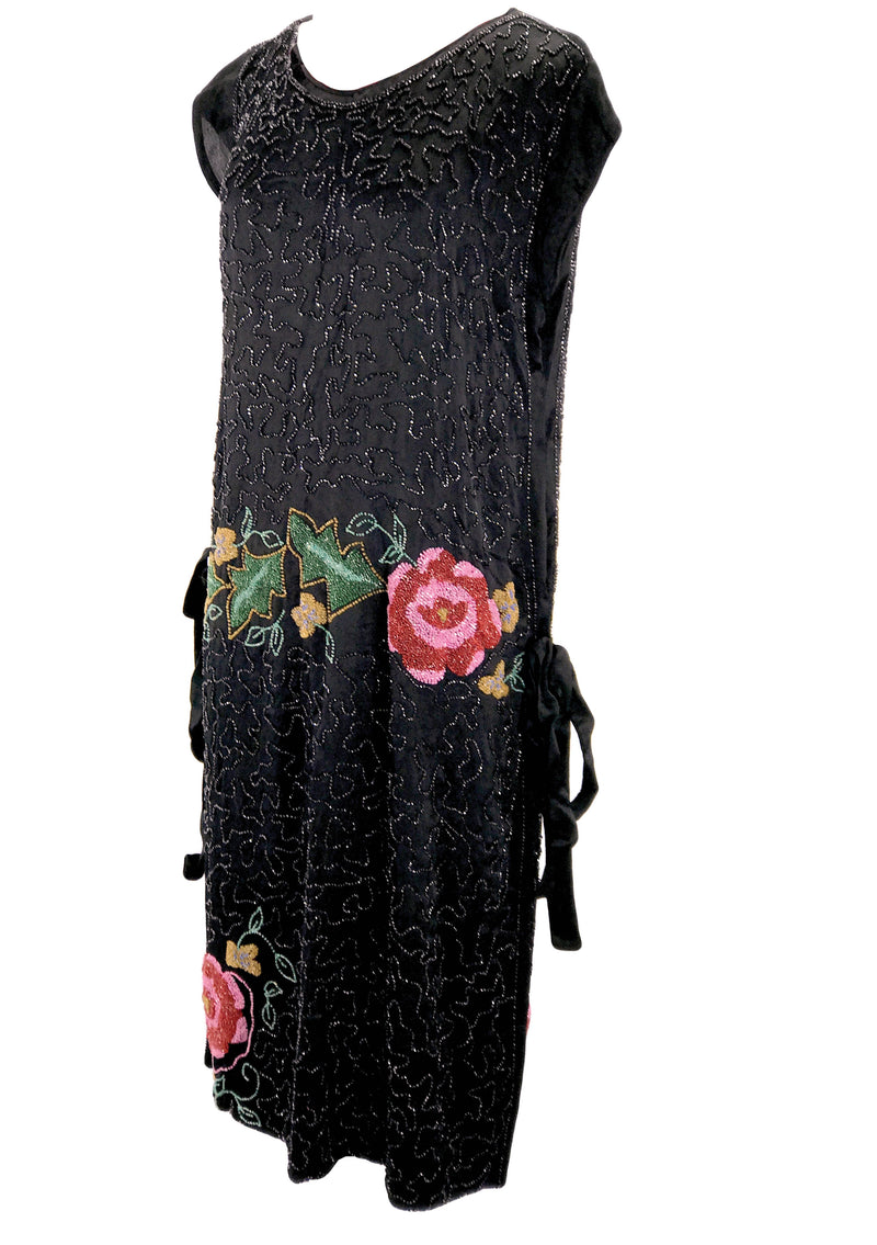 Original 1920s Black Sequin and Pink Roses Beaded Dress  - New!