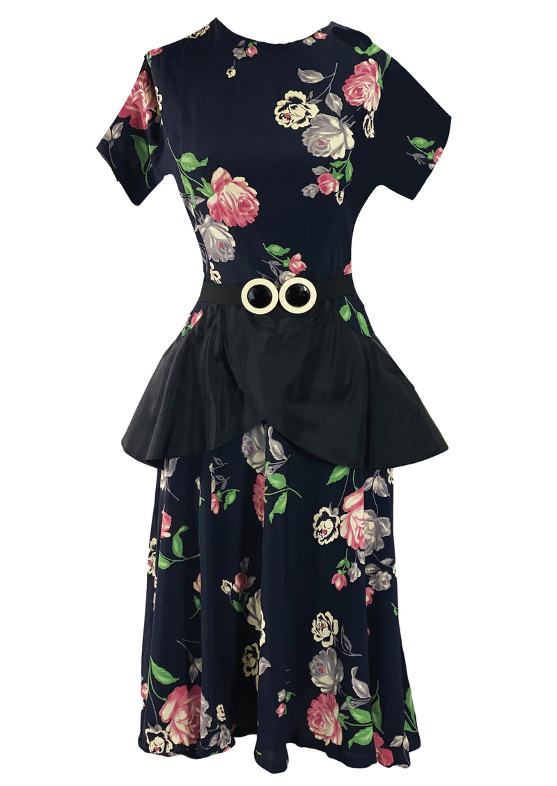 Stunning 1940s Roses Floral Rayon Crepe Dress - New!