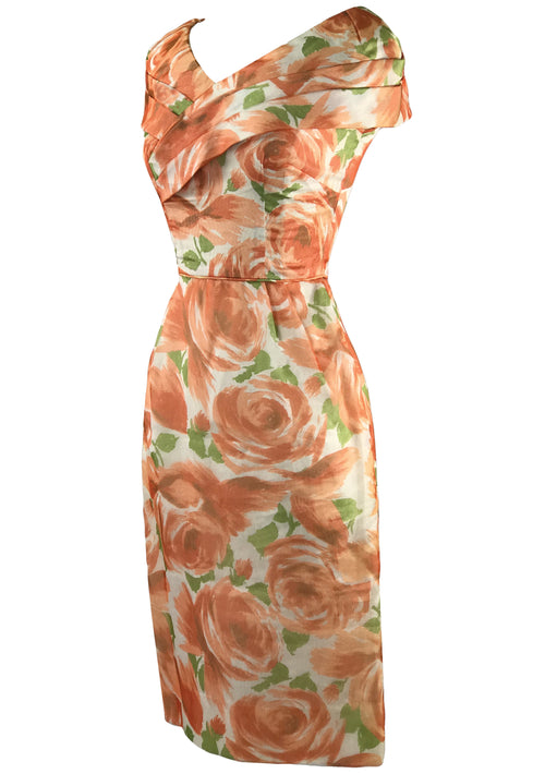 Late 1950s to Early 1960s Orange Roses Wiggle Dress - New!