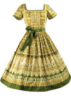 Original 1950s Gold & Green Cotton Grecian Print Dress - New!