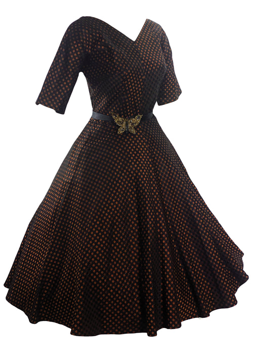 Late 1950s Bronze and Black 1950s Flocked Taffeta Dress - New!