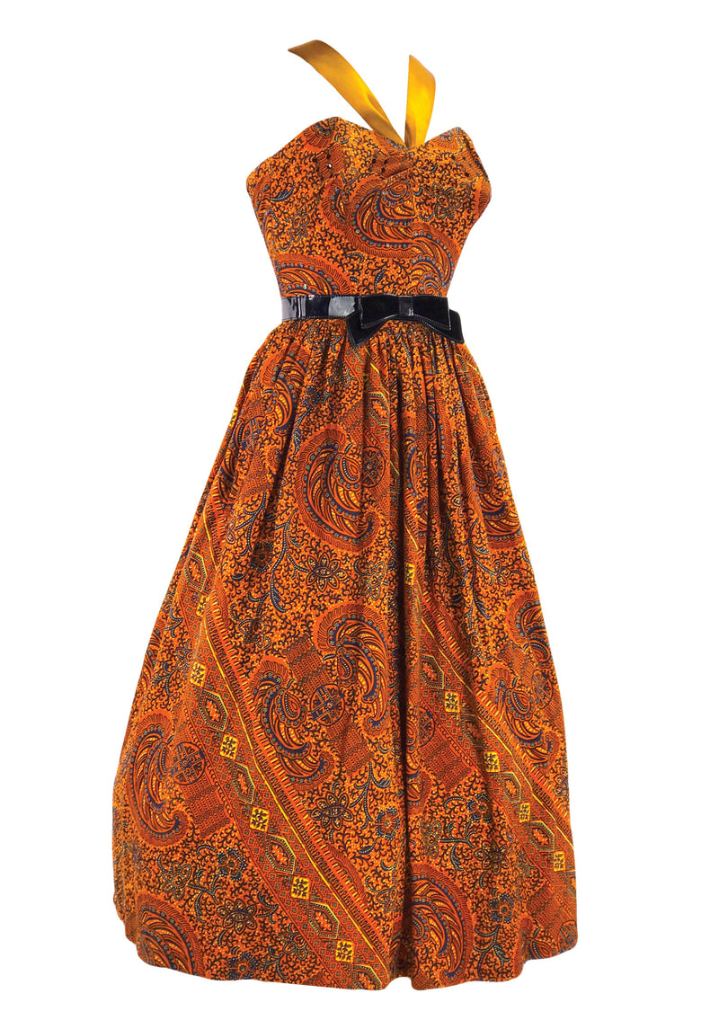 Original 1950s Autumnal Batik Print Cotton Sun Dress - New!