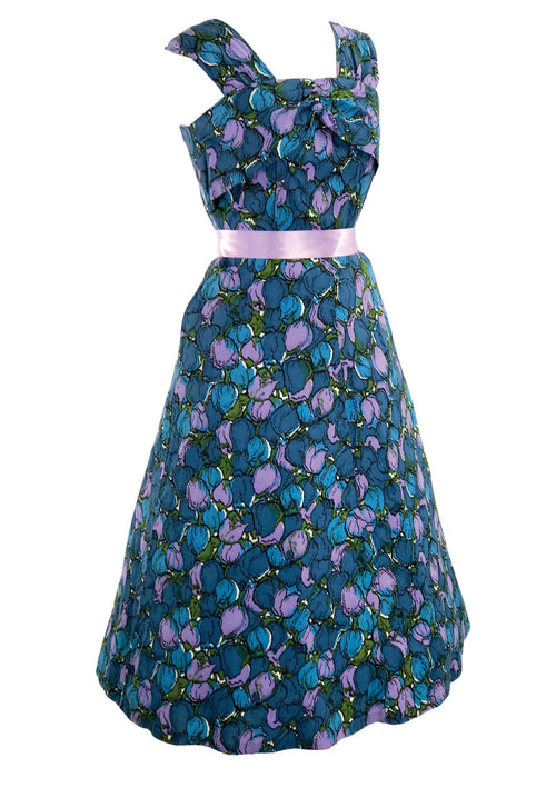 1950's Blue & Lilac Tulip Print Cotton Sun Dress - New!