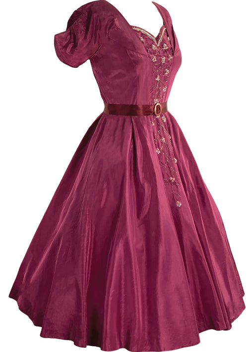 Vintage 1950s Cranberry Beaded Taffeta Party Dress - New (ON HOLD)