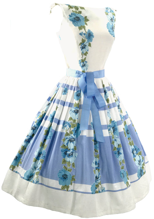 1950's Blue & White Floral Border Print Cotton Dress - New!