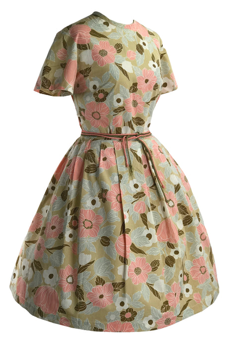 Original 1950s -1960s Sand & Peach Floral Cotton Dress- New!