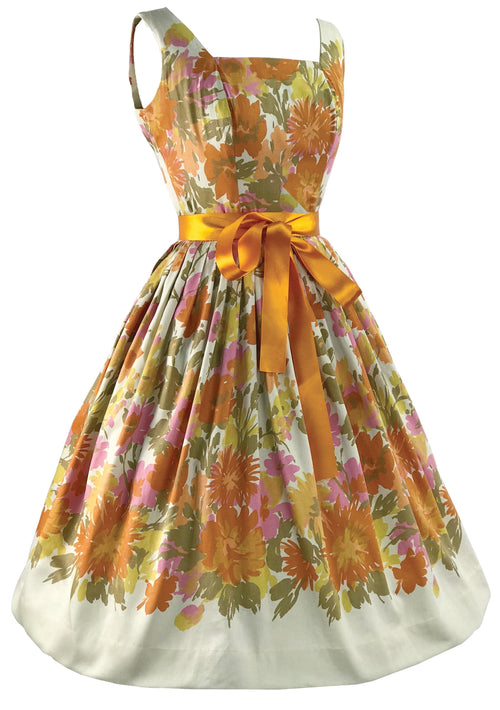 Vintage 1950s Tangerine Orange Floral Cotton Dress  - New!