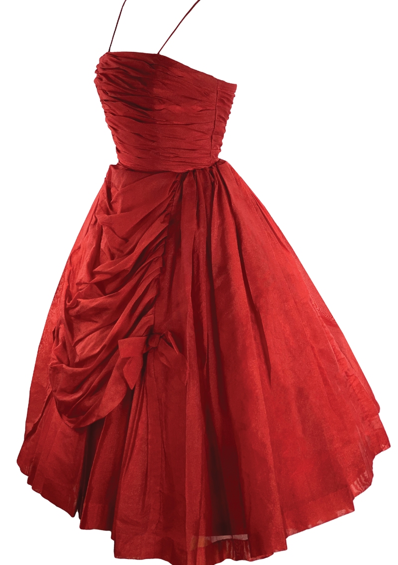 Stunning 1950s Red Organza Draped Cocktail Dress - New!