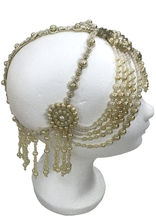 Rare 1920s Ivory Faux Pearl Beaded Headpiece- New!