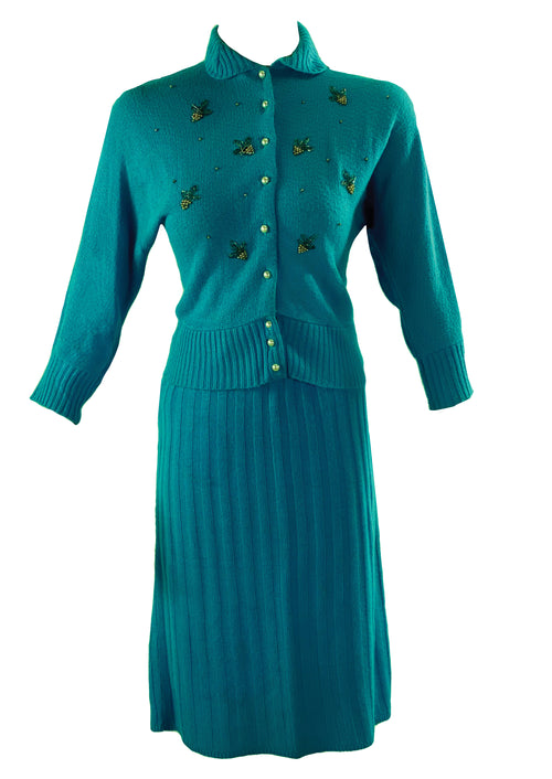 Vintage 1950s Turquoise Knit Beaded Suit - NEW!