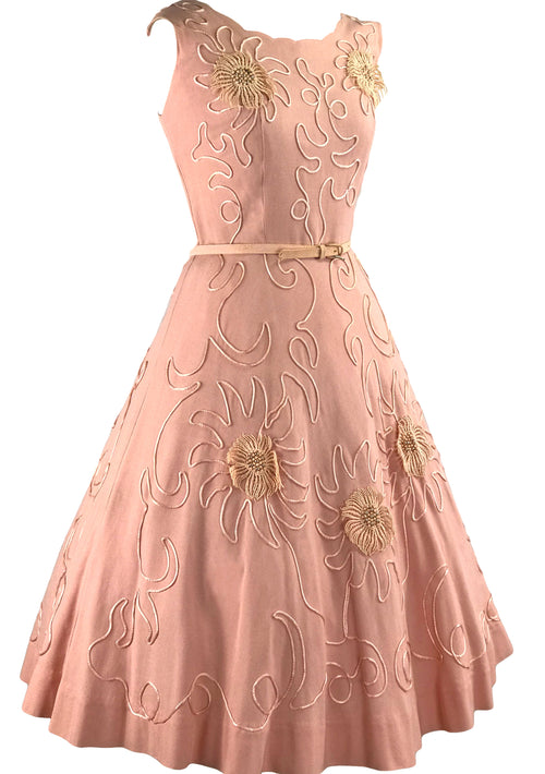 Vintage 1950s Pink Linen Applique Flowers Dress- New!