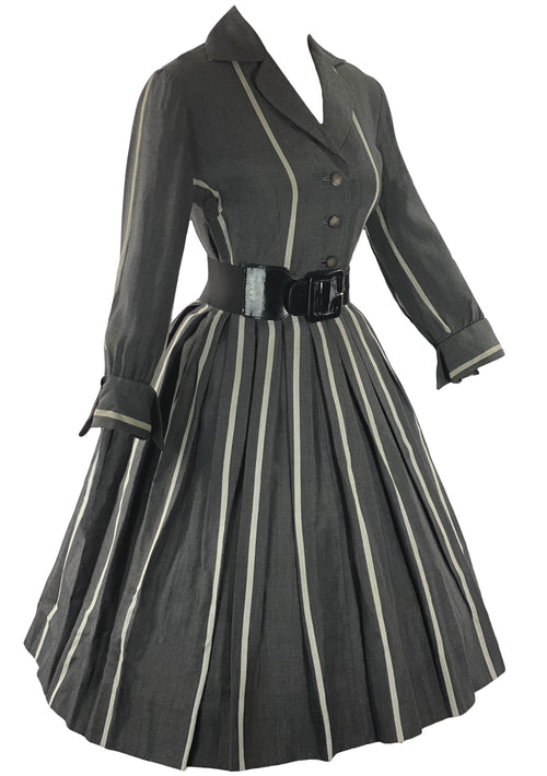 Late 1950s Early 1960s Charcoal Cotton Dress With White Stripes- New!