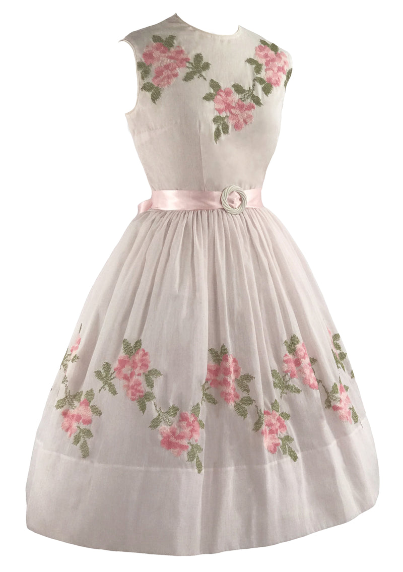 1950s Pink Roses Embroidered Cotton Dress- New!