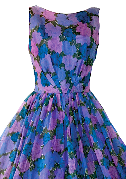 1950's Blue & Purple Floral Chiffon Party Dress- New!