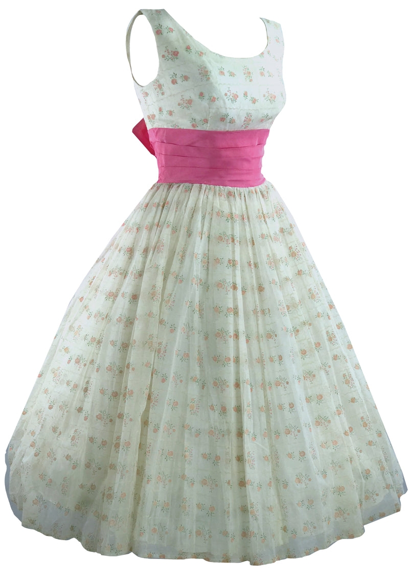 Vintage 1950s Pink Rosebud Flocked Party Dress - New!