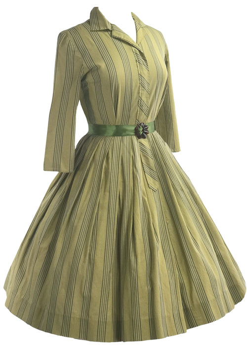 Late 1950s Sage Green Ticking Stripe Cotton Dress- New!