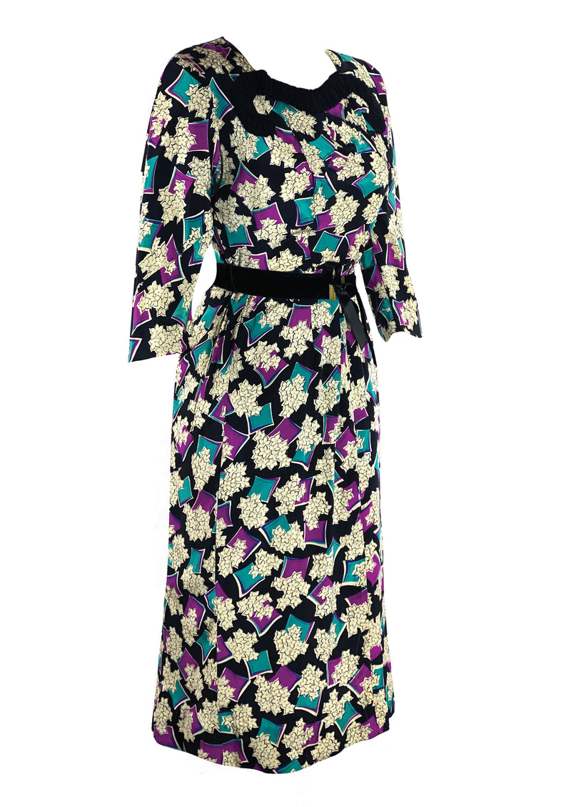 Vintage 1940s Floral Novelty Print Rayon Dress- New!