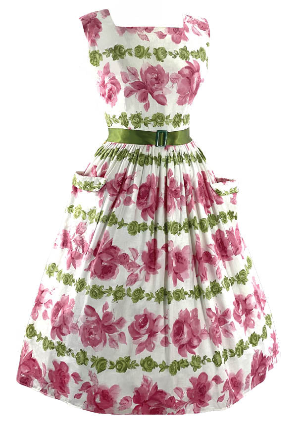 Vintage 1950s Pink Rose Cotton Dress- New!