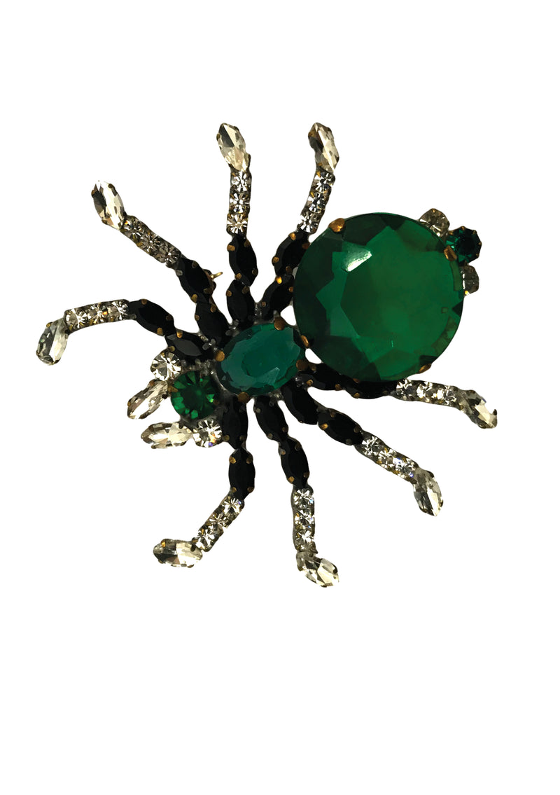 Czech Green & Black Crystal Spider Brooch- New!