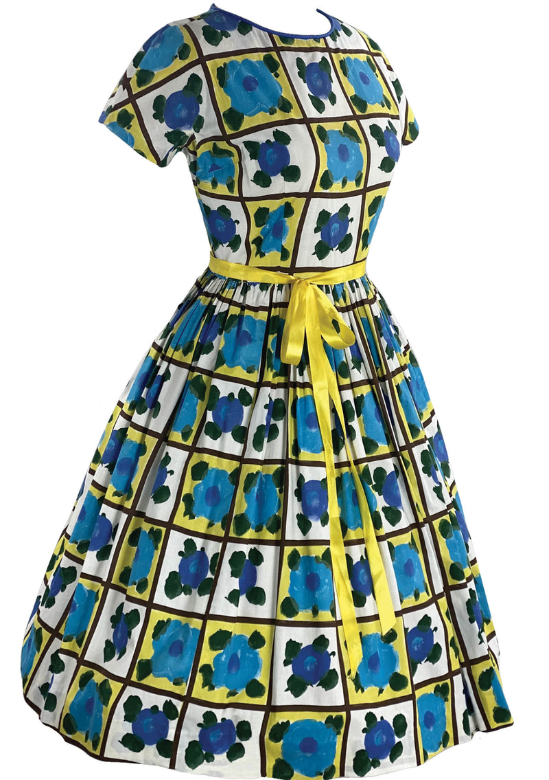 Late 1950s Early 1960s Blue and Yellow Floral Dress- New!