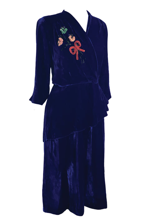 Early 1940s Blue Velvet Dress with Sequin Floral Spray - New!