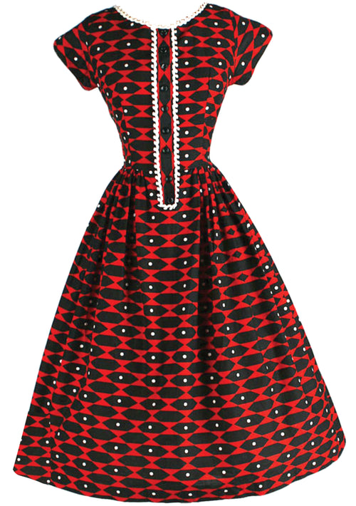 Vintage 1950s Red/Black Geometric Print Dress- New! (