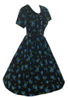 Late 1950s Early 1960s Black Cotton with Blue Roses Dress - NEW!