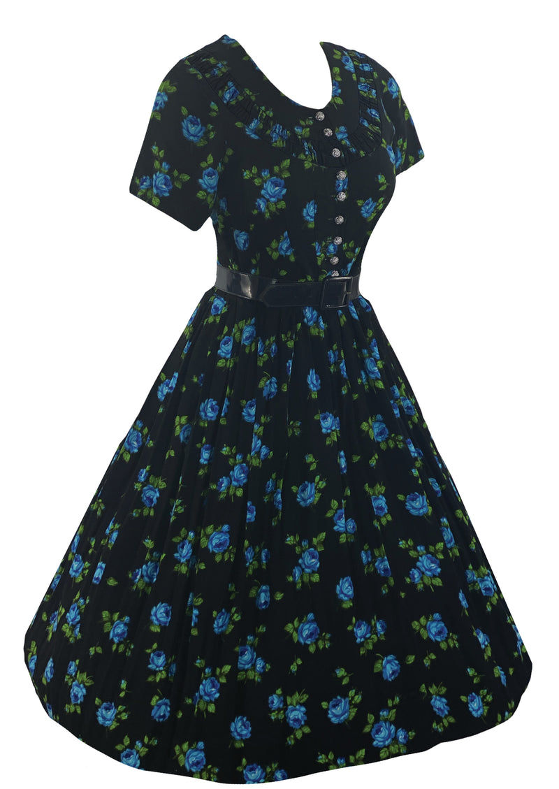 Late 1950s Early 1960s Black Cotton with Blue Roses Dress - NEW!