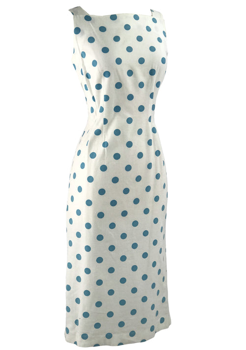 Late 1950s Early 1960s White Pique & Blue Polka Dots Dress Ensemble - New!