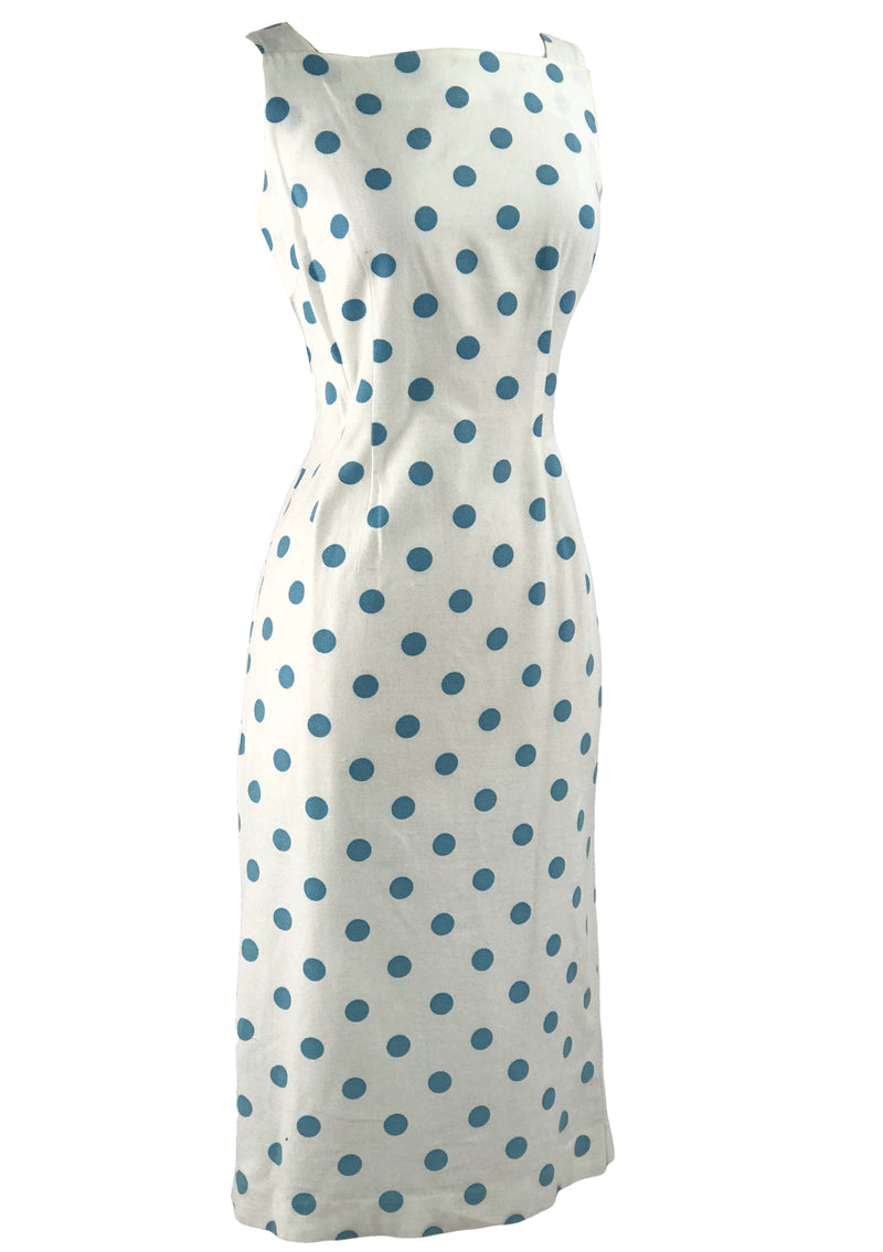 Late 1950s Early 1960s White Pique & Blue Polka Dots Dress Ensemble Late 1950s Early 1960s White Pique & Blue Polka Dots Dress Ensemble