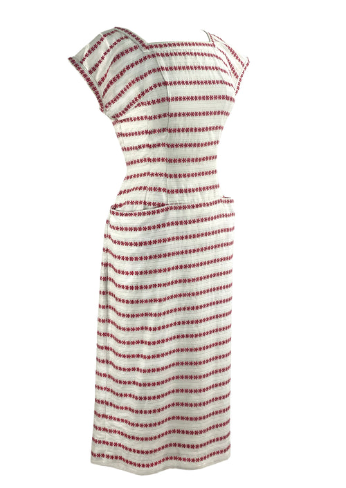 Vintage 1950s White and Red Textured Cotton Sheath Dress - NEW!