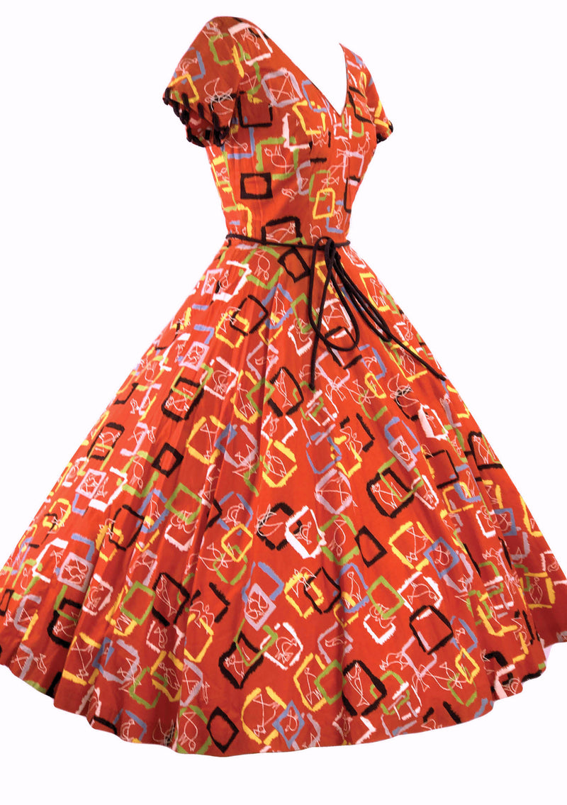 Vintage 1950s Orange Red Cotton Atomic Novelty Print Dress - New!