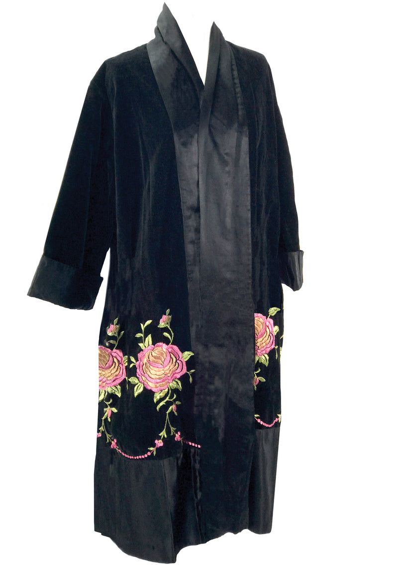 Vintage 1920s Black Velvet Coat with Pink Floral Embroidery  - New!